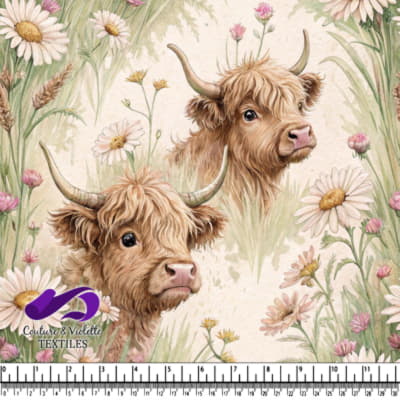 Veaux des Highlands parmi des Marguerites Douces
