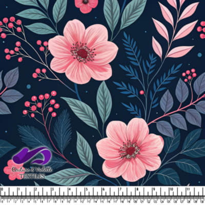 Fleurs et Feuilles Roses sur Fond Bleu Marine