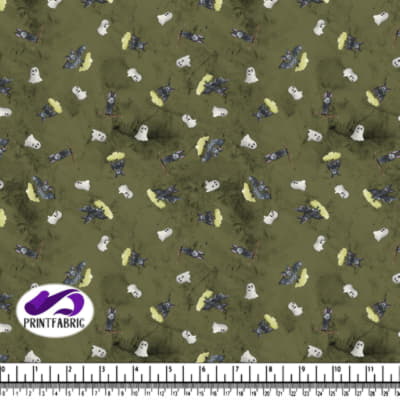 Halloween - Ghost and bat on olive background