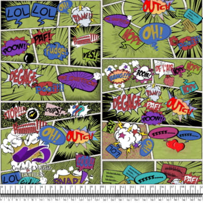 Comic book - Story in style colorful words on a green background