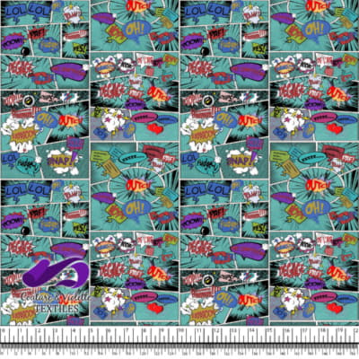 Comic book - Story in style colorful words on a teal background