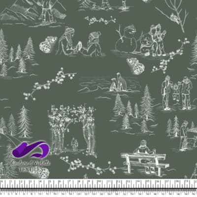Toile de Jouy - Winter on dark sage background