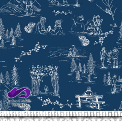 Toile de Jouy - Winter on lapis blue background