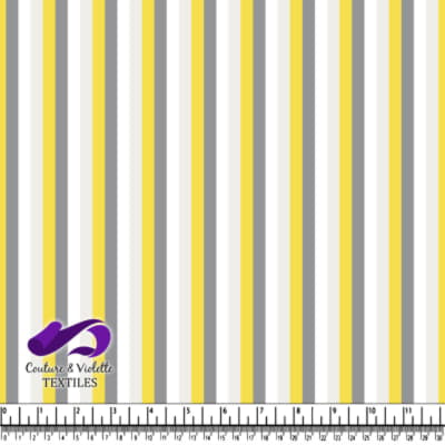Spring Fling - Gray yellow and white vertical striped textile fabric with measuring scale